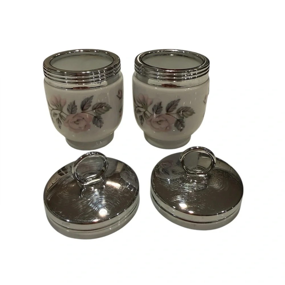 Royal Worcester Porcelain Pair of Egg Coddlers in June Garland Pattern VTG.